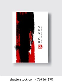 Pincel rojo negro sobre fondo blanco. Al estilo japonés. Ilustración vectorial de las manchas de onda de grano.Vector pinza la ilustración.