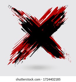 Black and red ink cross stroke on white background. Japanese style. Vector illustration of grunge cross stains