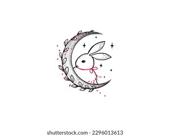 black   red ink drawing cute rabbit bunny sitting the crescent moon vector tattoo design