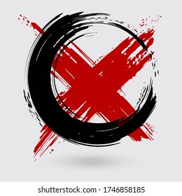 Black and red ink round cross stroke on white background. Japanese style. Vector illustration of grunge circle stains