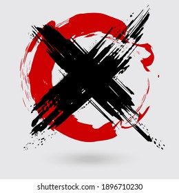 Black and red ink round cross stroke on white background. Japanese style. Vector illustration of grunge circle stains