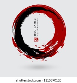 Black and red ink round stroke on white background. Japanese style. Vector illustration of grunge circle stains