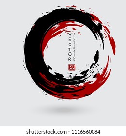 Black and red ink round stroke on white background. Japanese style. Vector illustration of grunge circle stains