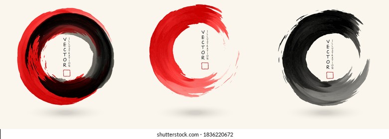 Black and red ink round stroke on white background set. Japanese style. Abstract vector illustration of grunge circle stains