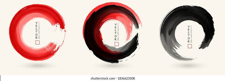 Black and red ink round stroke on white background set. Japanese style. Abstract vector illustration of grunge circle stains