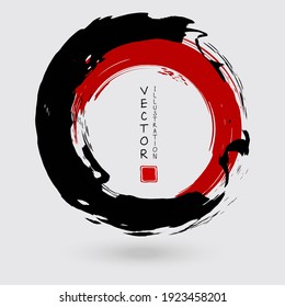 Schwarz-Rot-Tinte, runder Schlaganfall auf weißem Hintergrund. Japanischer Stil. Vektorgrafik von Grunge-Kreisflecken