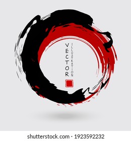 Black and red ink round stroke on white background. Japanese style. Vector illustration of grunge circle stains
