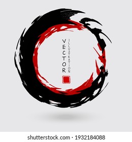 Black and red ink round stroke on white background. Japanese style. Vector illustration of grunge circle stains