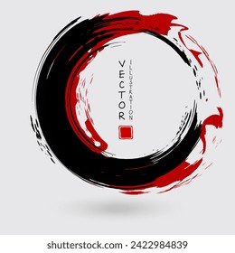 Black and red ink round stroke on white background. Japanese style. Vector illustration of grunge circle stains