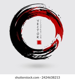 Black and red ink round stroke on white background. Japanese style. Vector illustration of grunge circle stains