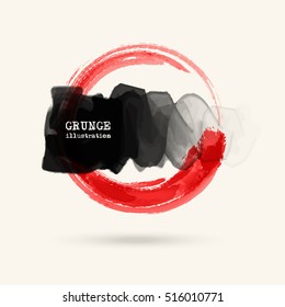 Black and red ink round stroke on white background. Japanese style. Vector illustration of grunge circle stains