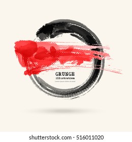 Trazo redondo de tinta negra y roja sobre fondo blanco. Al estilo japonés. Ilustración vectorial de las manchas de círculo de grunge