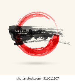 Black and red ink round stroke on white background. Japanese style. Vector illustration of grunge circle stains
