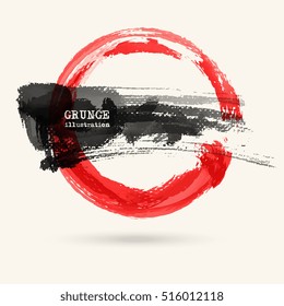 Black and red ink round stroke on white background. Japanese style. Vector illustration of grunge circle stains