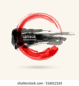 Black and red ink round stroke on white background. Japanese style. Vector illustration of grunge circle stains
