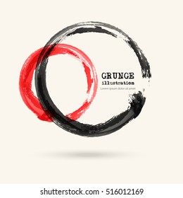 Black and red ink round stroke on white background. Japanese style. Vector illustration of grunge circle stains