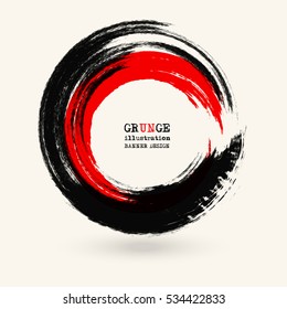 Black and red ink round stroke on white background. Vector illustration of grunge circle stains. Enso calligraphy element japanese or chinese style.