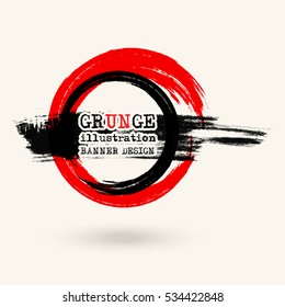 Black and red ink round stroke on white background. Japanese style. Vector illustration of grunge circle stains