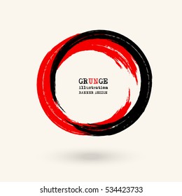 Black and red ink round stroke on white background. Vector illustration of grunge circle stains. Enso calligraphy element japanese or chinese style.