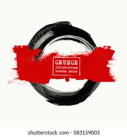 Black and red ink round stroke on white background. Japanese style. Vector illustration of grunge circle stains.