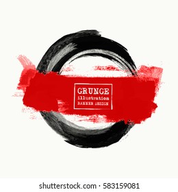 Black and red ink round stroke on white background. Japanese style. Vector illustration of grunge circle stains.