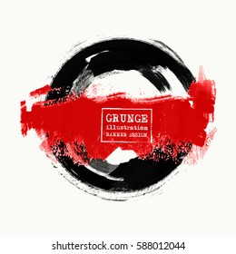 Black and red ink round stroke on white background. Japanese style. Vector illustration of grunge circle stains