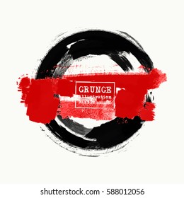Black and red ink round stroke on white background. Japanese style. Vector illustration of grunge circle stains