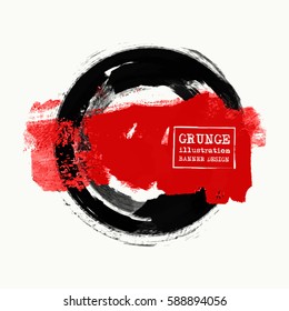 Black and red ink round stroke on white background. Japanese style. Vector illustration of grunge circle stains