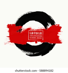 Black and red ink round stroke on white background. Japanese style. Vector illustration of grunge circle stains