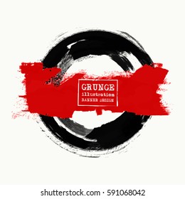 Black and red ink round stroke on white background. Japanese style. Vector illustration of grunge circle stains
