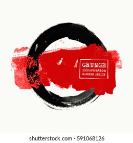 Black and red ink round stroke on white background. Japanese style. Vector illustration of grunge circle stains