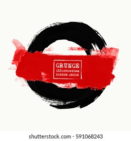 Black and red ink round stroke on white background. Japanese style. Vector illustration of grunge circle stains