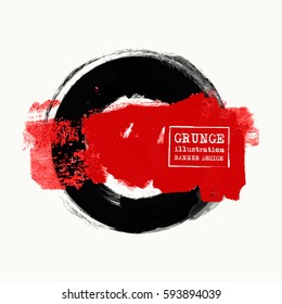 Black And Red Ink Round Stroke On White Background. Japanese Style. Vector Illustration Of Grunge Circle Stains