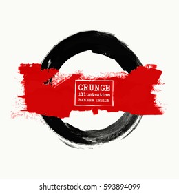 Black and red ink round stroke on white background. Japanese style. Vector illustration of grunge circle stains