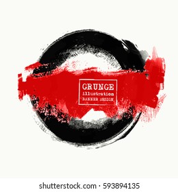 Black and red ink round stroke on white background. Japanese style. Vector illustration of grunge circle stains