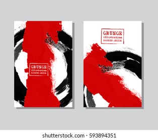 Black and red ink round stroke on white background. Japanese style. Vector illustration of grunge circle stains