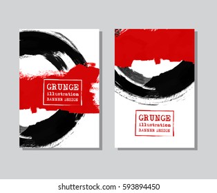 Black and red ink round stroke on white background. Japanese style. Vector illustration of grunge circle stains