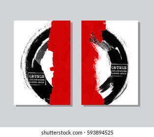 Black and red ink round stroke on white background. Japanese style. Vector illustration of grunge circle stains