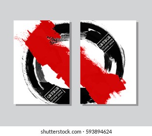 Black and red ink round stroke on white background. Japanese style. Vector illustration of grunge circle stains