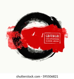 Black and red ink round stroke on white background. Japanese style. Vector illustration of grunge circle stains