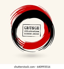 Black and red ink round stroke on white background. Japanese style. Vector illustration of grunge circle stains.