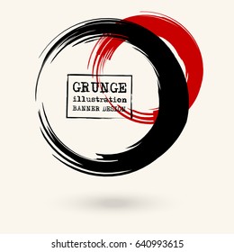 Black and red ink round stroke on white background. Japanese style. Vector illustration of grunge circle stains.
