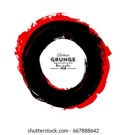 Black and red ink round stroke on white background. Vector illustration of grunge circle stains. Enso calligraphy element japanese or chinese style.