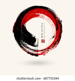 Black and red ink round stroke on white background. Japanese style. Vector illustration of grunge circle stains