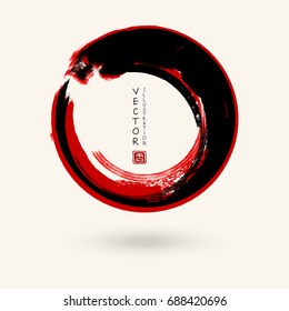 Black and red ink round stroke on white background. Japanese style. Vector illustration of grunge circle stains