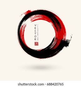 Black and red ink round stroke on white background. Japanese style. Vector illustration of grunge circle stains