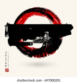 Black and red ink round stroke on white background. Japanese style. Vector illustration of grunge circle stains