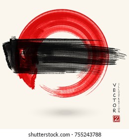 Black and red ink round stroke on white background. Japanese style. Vector illustration of grunge circle stains