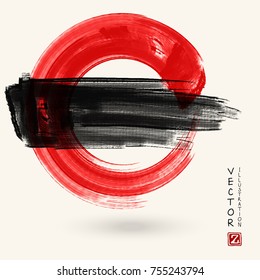 Black and red ink round stroke on white background. Japanese style. Vector illustration of grunge circle stains