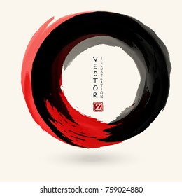 Black and red ink round stroke on white background. Japanese style. Abstract vector illustration of grunge circle stains